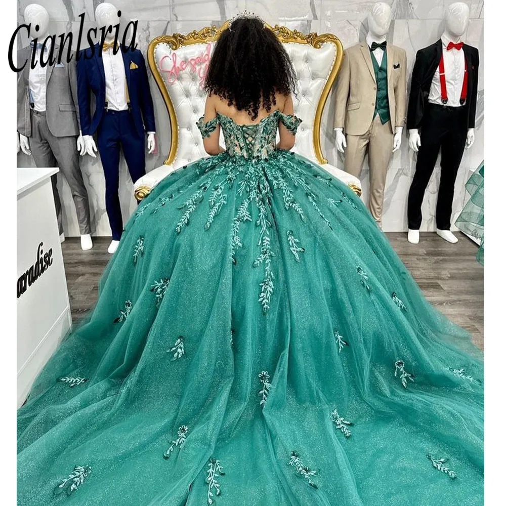 Verde Brilhante Quinceanera Vestido 2023 Ball Gown mangas 3D Flores Corset Vestido De 15 Anos