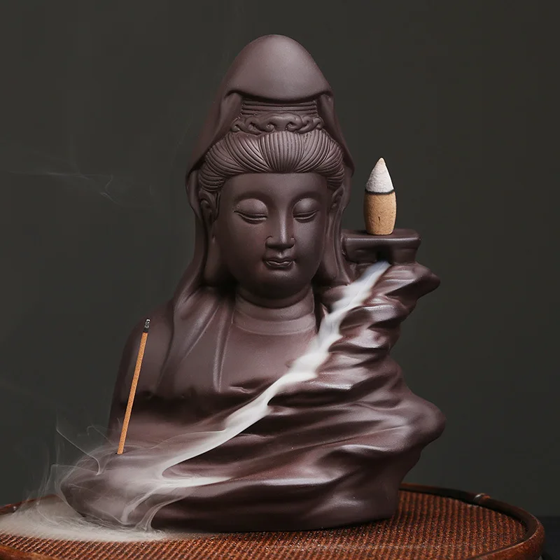 

Lucky FengShui Avalokitesvar Handicrafts Buddha Waterfall Backflow Incense Home Decor Stick Holder Ceramic Censer