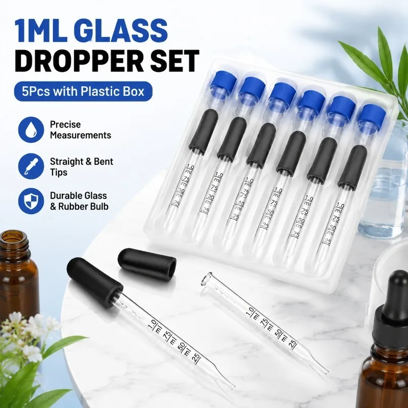 5Pcs 1ml Glass Graduated Droppers with Plastic Box, Straight & Bent Tip, Rubber Bulb Pipette for Essential Oils Lab Liquid