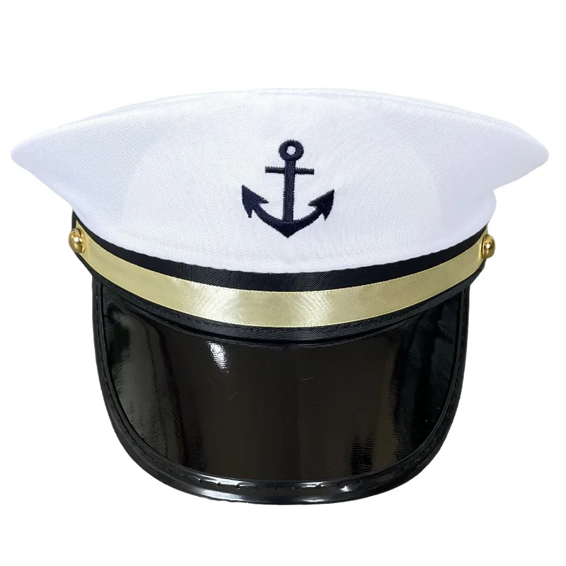 

Military Hat Army Peaked Embroidered Anchor captain White Flat Top Outdoor Festival Event Beach Party 8M207