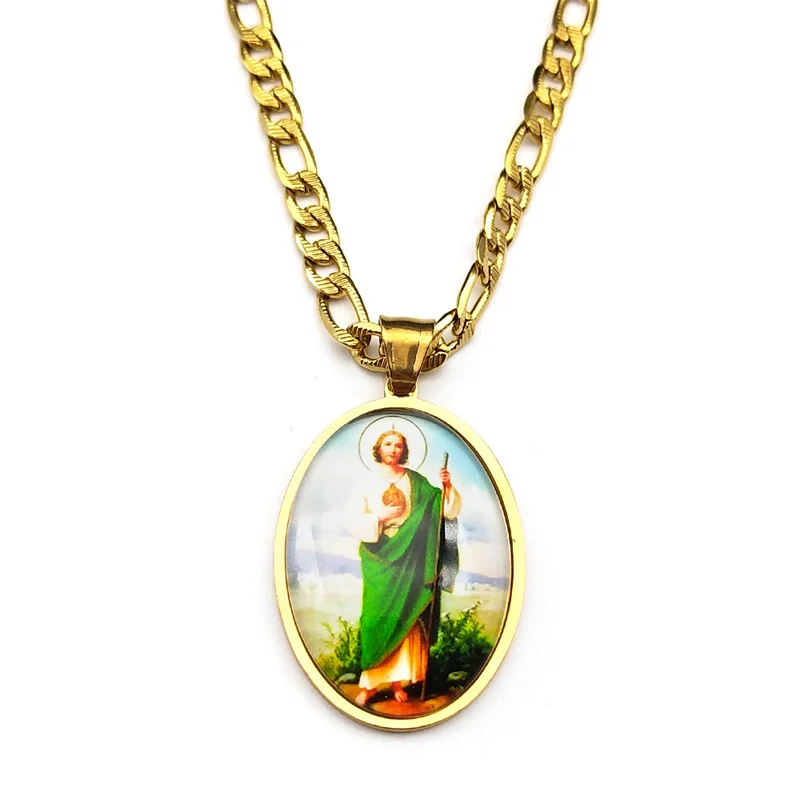 San Judas Tadeo-Medaillen-Anhänger-Halskette für Damen und Herren, Edelstahl, goldfarben, Heilige, Apostel Jesu, Amulett, Glaube, Schmuck – Detail 8