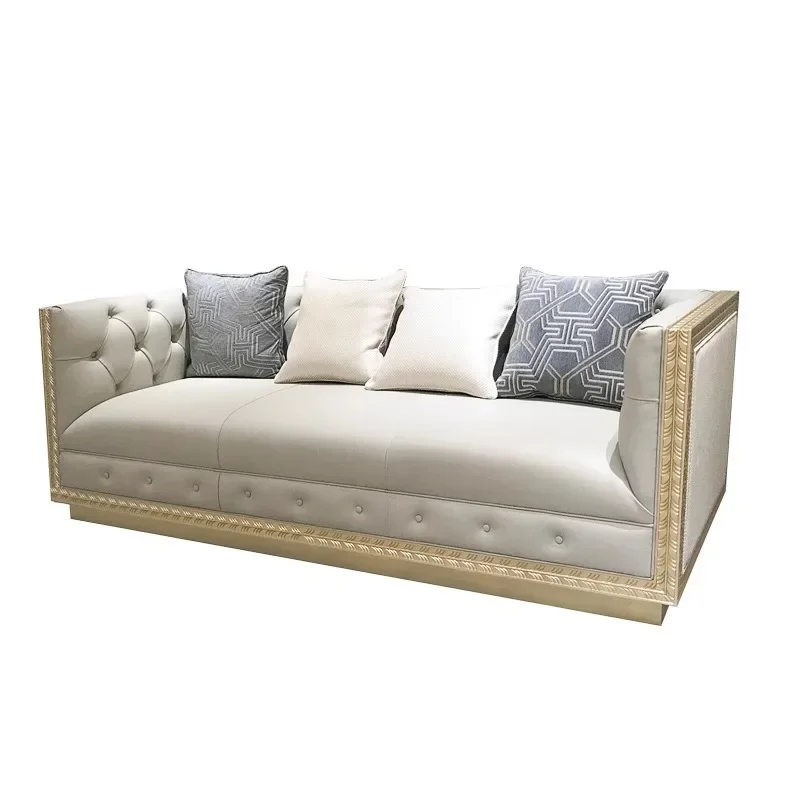 

American solid wood carving flower three-person sofa living room light luxury villa leather champagne gold light luxury single