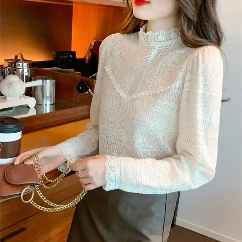 Half High Collar Lace Undershirt Women\'s Autumn New Fashion Versatile Chiffon Shirt Top with Inner Layer Small Shirt