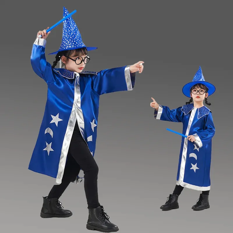 

Синий плащ на Хэллоуин, плащ ведьмы для косплея, плащ ведьмы для высоты 100-150 см, костюм на Хэллоуин, атласный плащ с узором звезды и луны