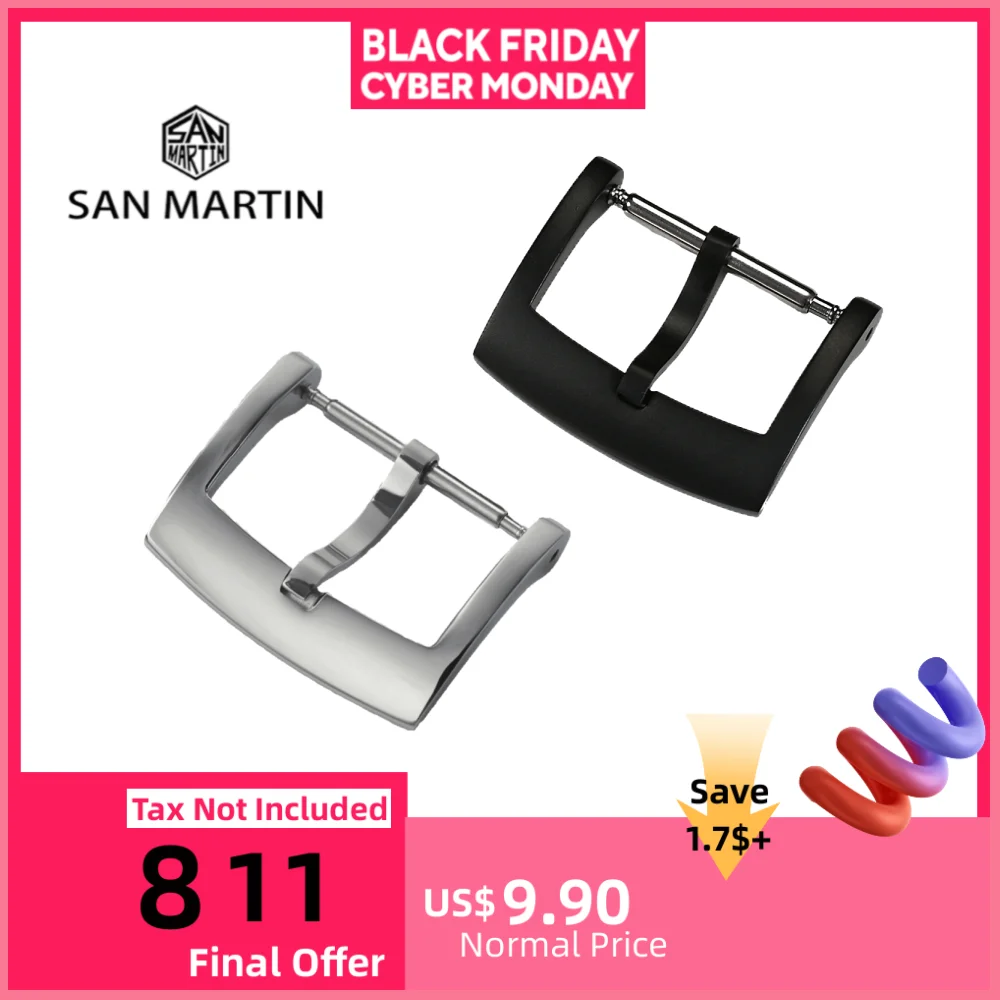 

Ремешок San Martin мужской с пряжкой, браслет из нержавеющей стали 316L, серебристо-бронзовый браслет для наручных часов, 18 мм, с застежкой, аксессу...