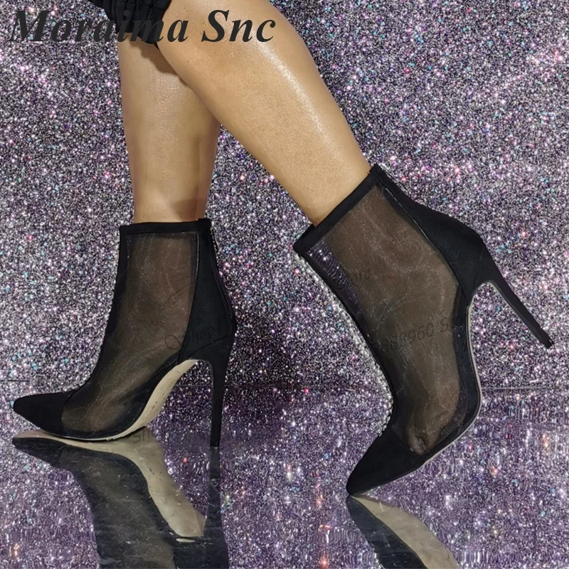 

Sexy Mid Calf Black Air Mesh Crystal Decor Boots Thin High Heel Women Shoes Back Zipper Pointed Toe 2023 Zapatos Para Mujere