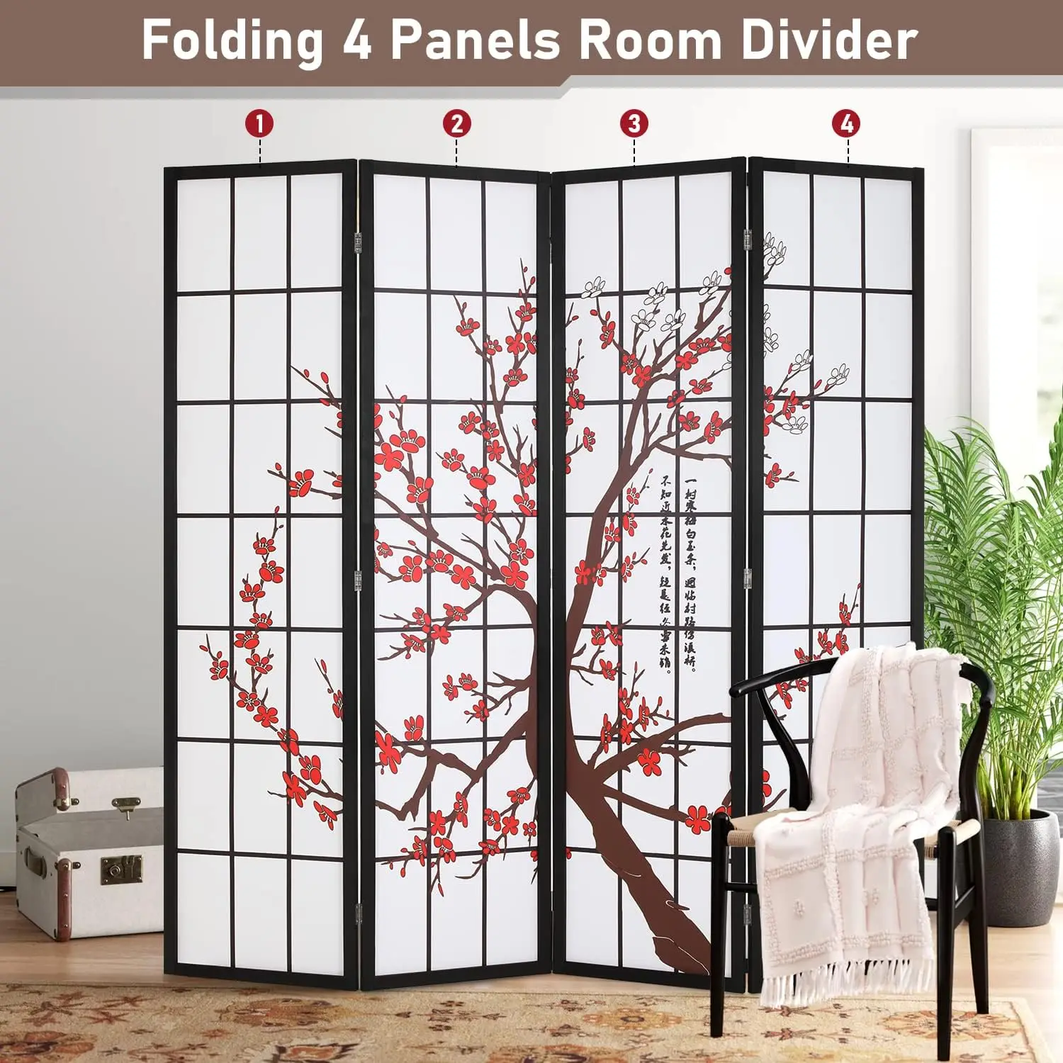 6Ft Folding Privacy Divider 4 Panel Oriental Shoji Screen Wall Divider Wood Portable Freestanding Partition Screen, White
