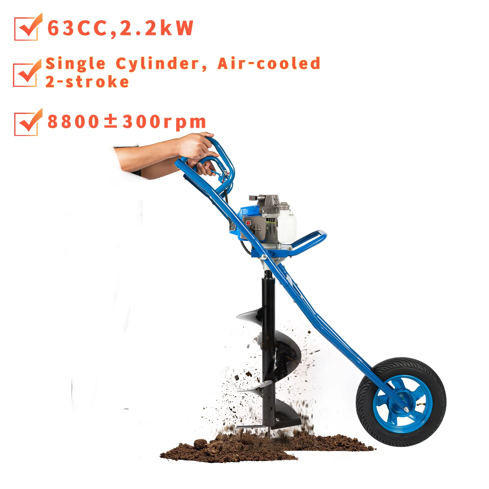 

63cc Gas Post Hole Digger, Earth Auger Borer, Ground Drill Pit Digger with Drill Bit 80.8cm/31.8in, Farms Gardens Digging