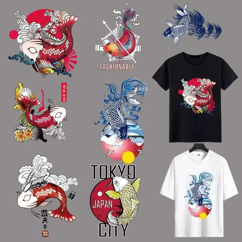 

Fashion Waves Fish Iron On Patches For DIY Heat Transfer Clothes T-shirt Thermal Transfer Stickers Decoration Printing Big Size