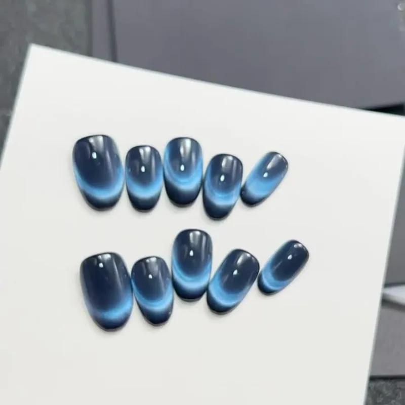 Handmade Medium Length Press on Nails Blue French Realistic Nail Tips Brown Cat Eye Artificial False Nails with Box and Tools