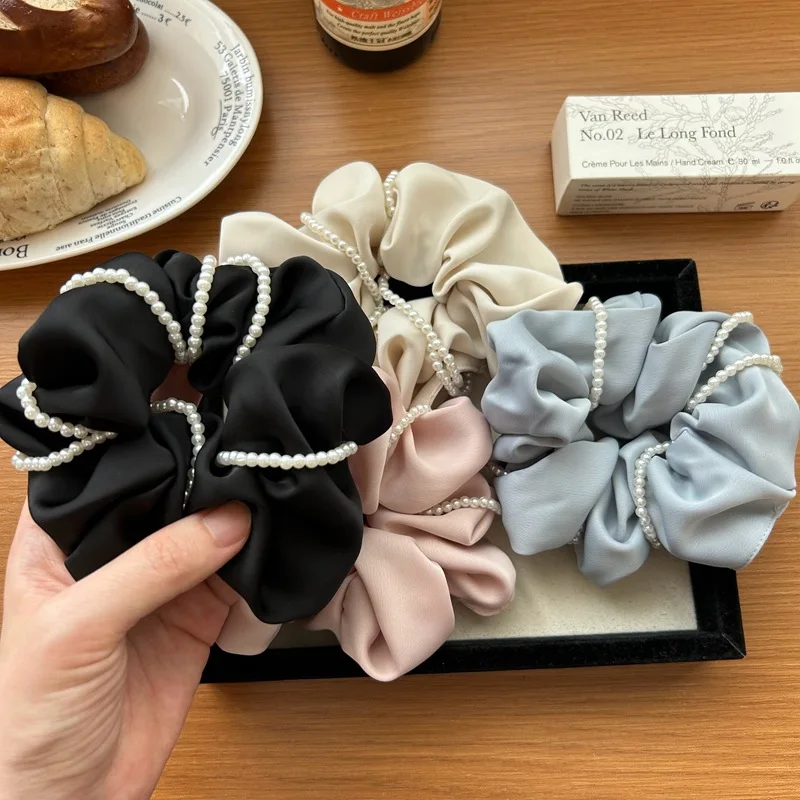 2024 Sweet Pearl Satin Scrunchie For Women Black Silk Hair Bands Girls Big Elastic Hair Tie Ponytail Holder Hair Rope Headdress