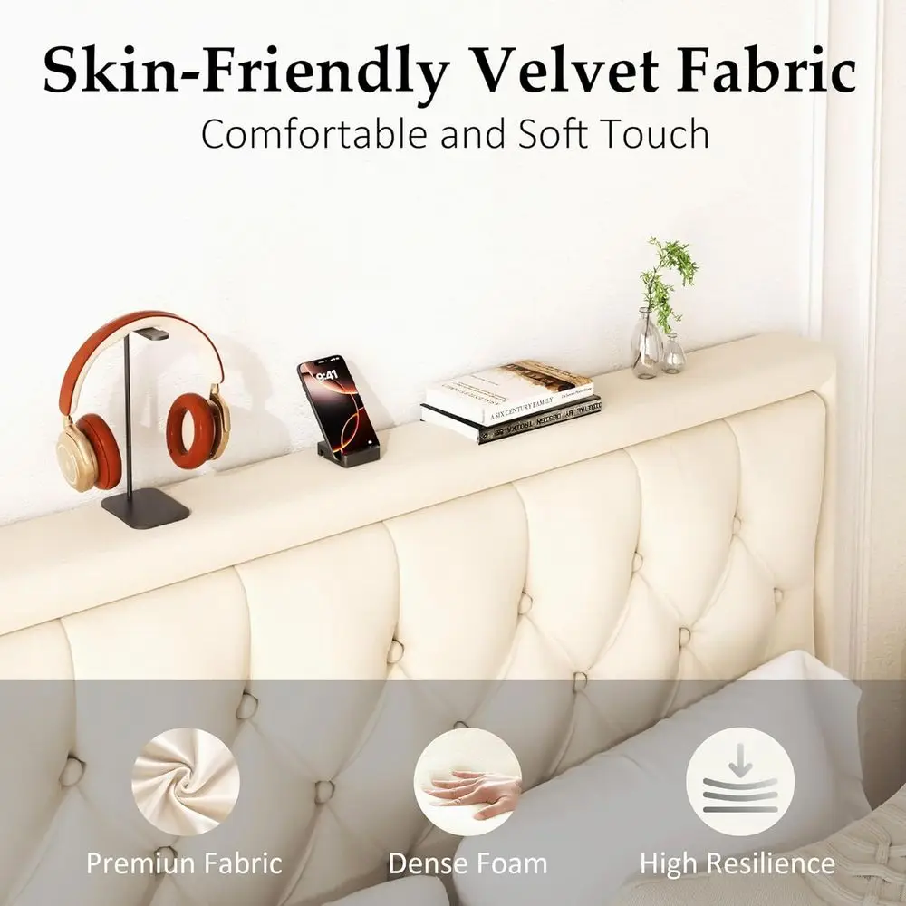 King Size Platorm Bed e with Upholstered Velvet Button Tuted board, Mattroundation with Wooden Slat Support, No Box Spring Neede