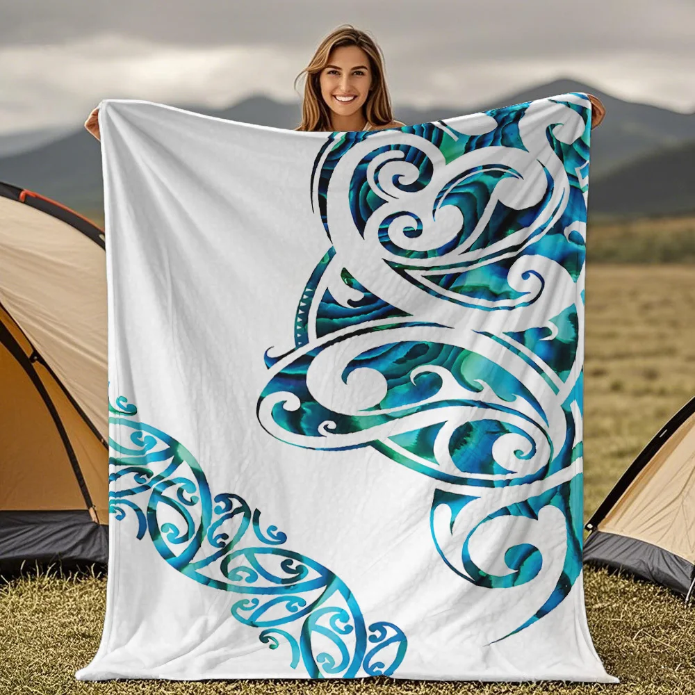 Custom Tribal Pattern Blanket Blue Green Waves Design Personalized Name Fleece Throw All Season Soft Warm Bedding Home Decor