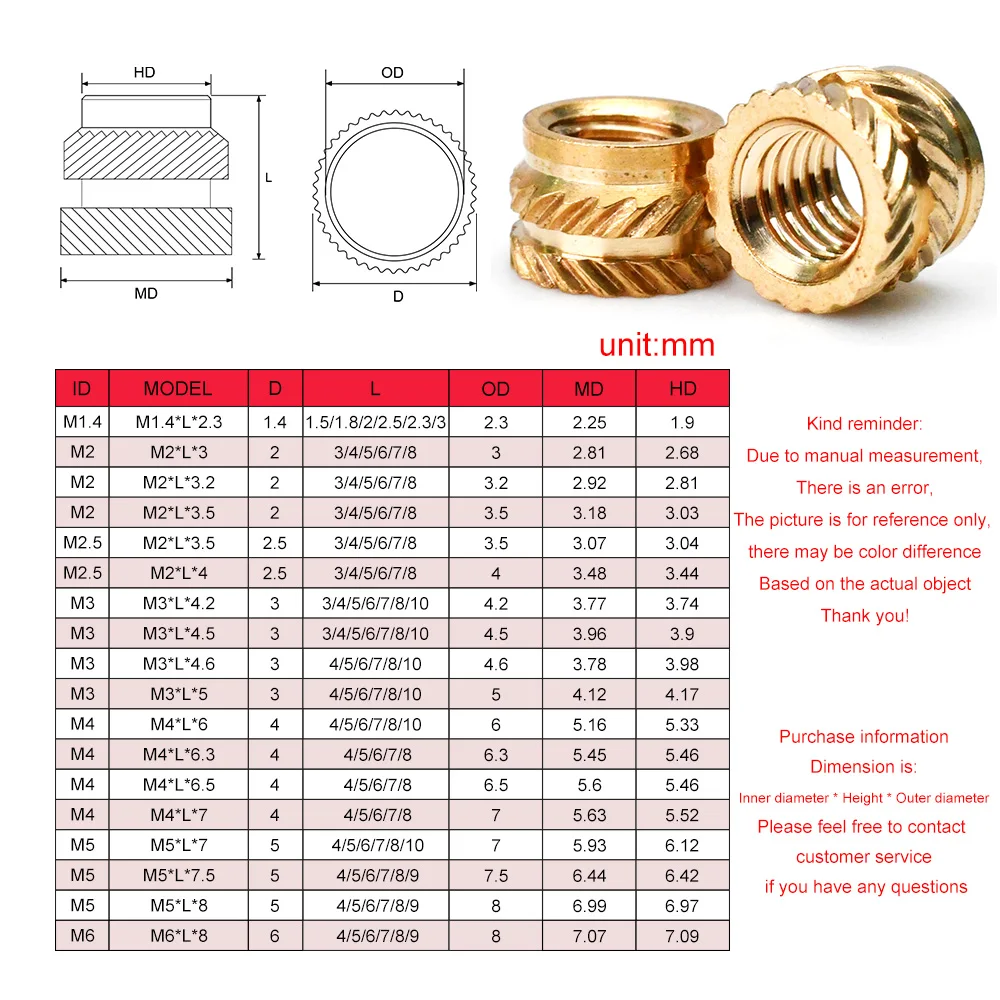 Brass Insert Nut M1 M1.4 M1.6 M2 M2.5 M3 M4 M5 M6 M8 Knurled Thread Nutsert Hot Melt Heat Injection Molding Embedded Copper Nut