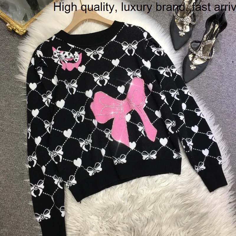 

Bowknot Hot Lovely Drilling Women Sweaters O-neck Pullovers Crop Knitted Top Autumn Winter Long Sleeve Students Knit Jumpers