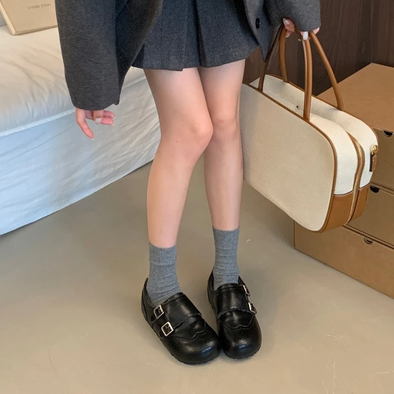 

Genuine Leather Flat Bottom Retro Women's Round Head Cotton Shoes Block Style Loafers Shoes Versatile Cotton Shoes