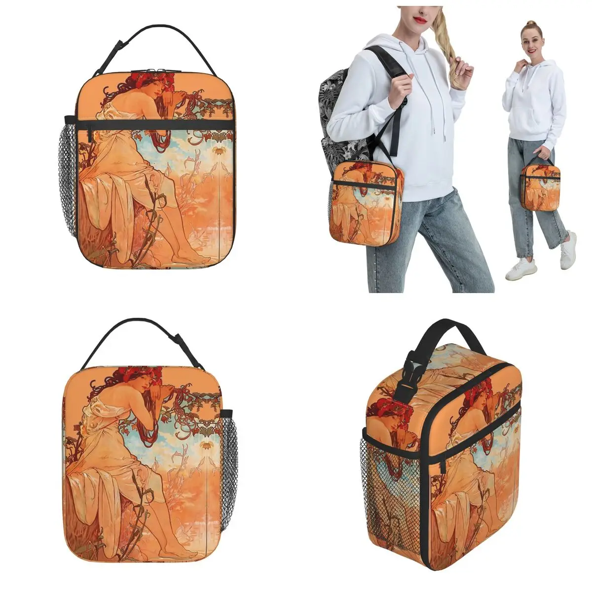 Lunch Box Art Nouveau Illustration Merch Alphonse Mucha Lunch Container Causal Cooler Thermal Bento Box For School