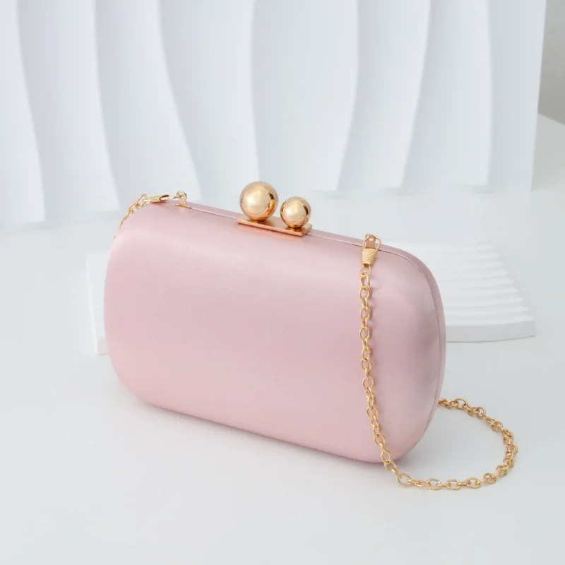 Elegant Silky Satin Evening Purses Women's Two Gold Closure Glossy Clutch Bags Wedding Party Bridemaid Cloth Pearl Pink Handbag view 3