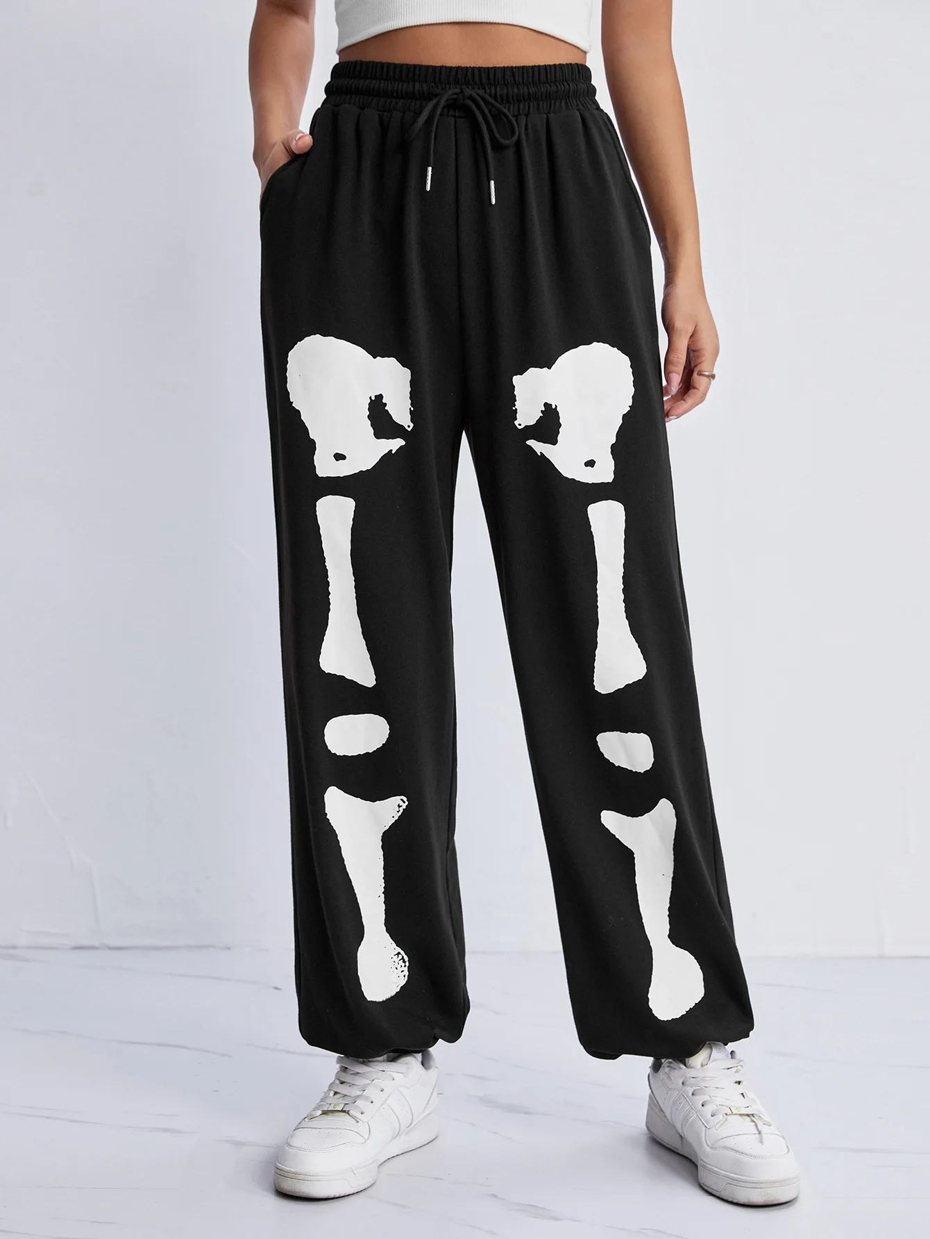 Bold Shade Mall Gothic Skeleton Graphic Sweatpants Halloween Grunge Punk Casual Women Pants High Waist Shirring Autumn Bottoms