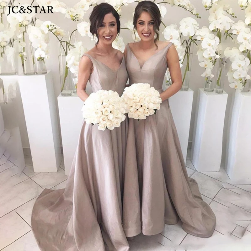 

champagne bridesmaid dress satin sexy v neck back transparent robe de soirée de mariage brushed backing vestido festa Prom Gown