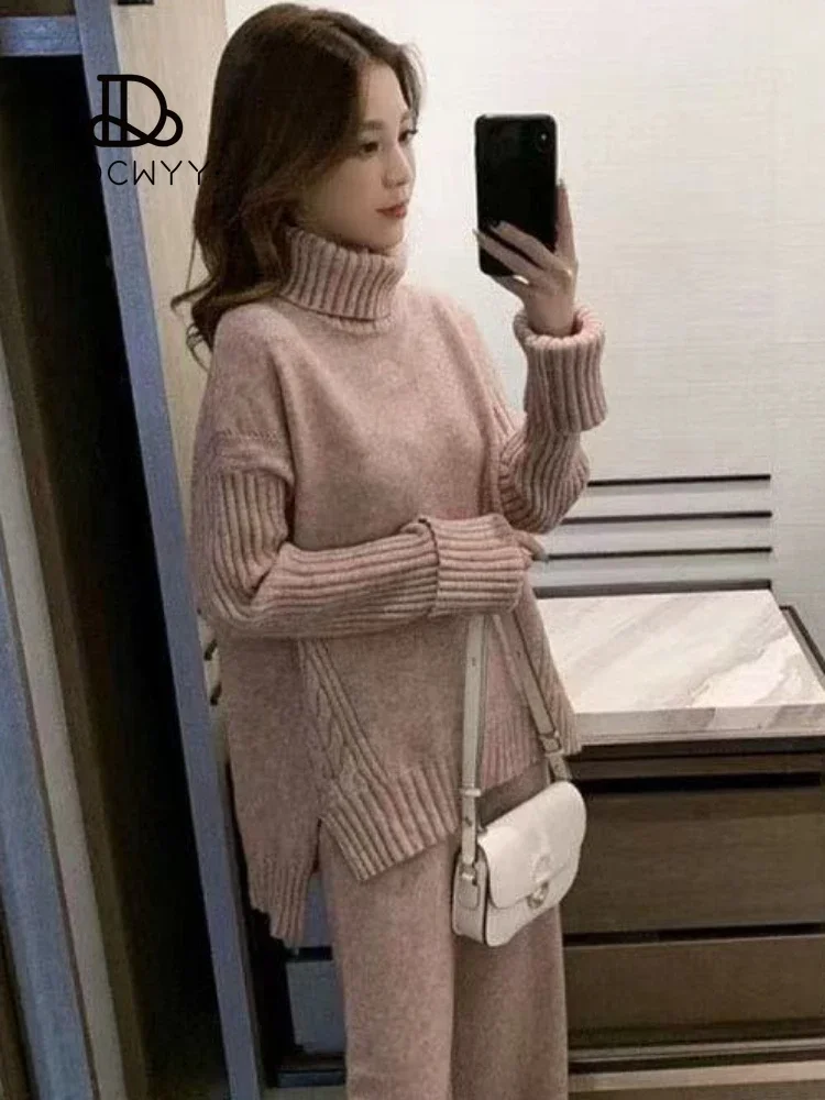 New in Elegant Women\'s Sets Women\'s Knit Wide Leg Pants Suit Sweater Top Pullovers Fall Winter Clothing Sets for Women 2 Pieces