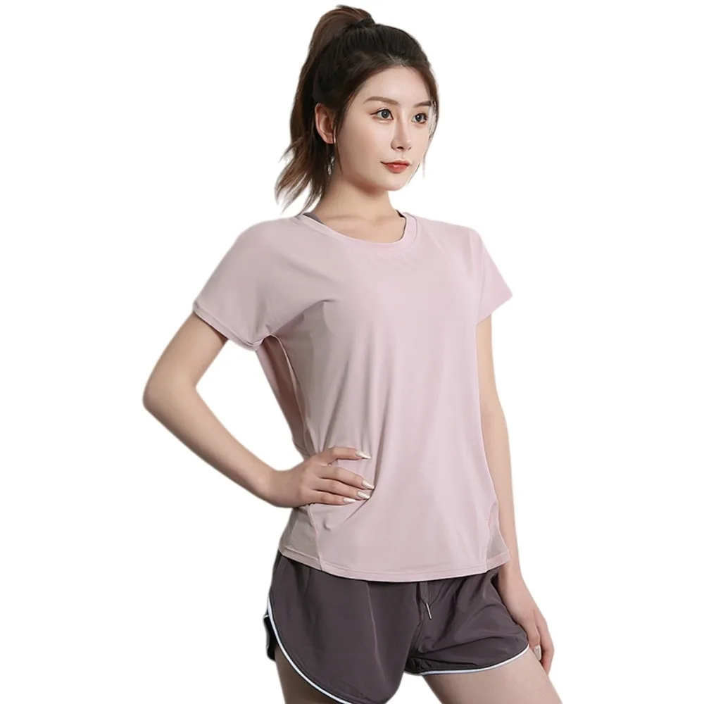 

Simple Quick Dry Sports Yoga T-Shirts Short Sleeve Loose Running Shirts Tees Solid Color Backless Sports Tops Girl