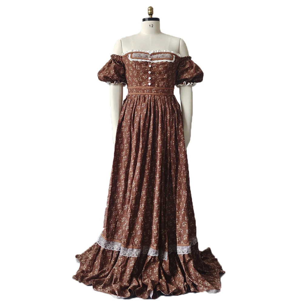 Gaun Hamil Elegan Pemotretan Gaun Hamil Lengan Lentera Bahu Terbuka Motif Bunga Vintage untuk Pakaian Wanita Baby Shower