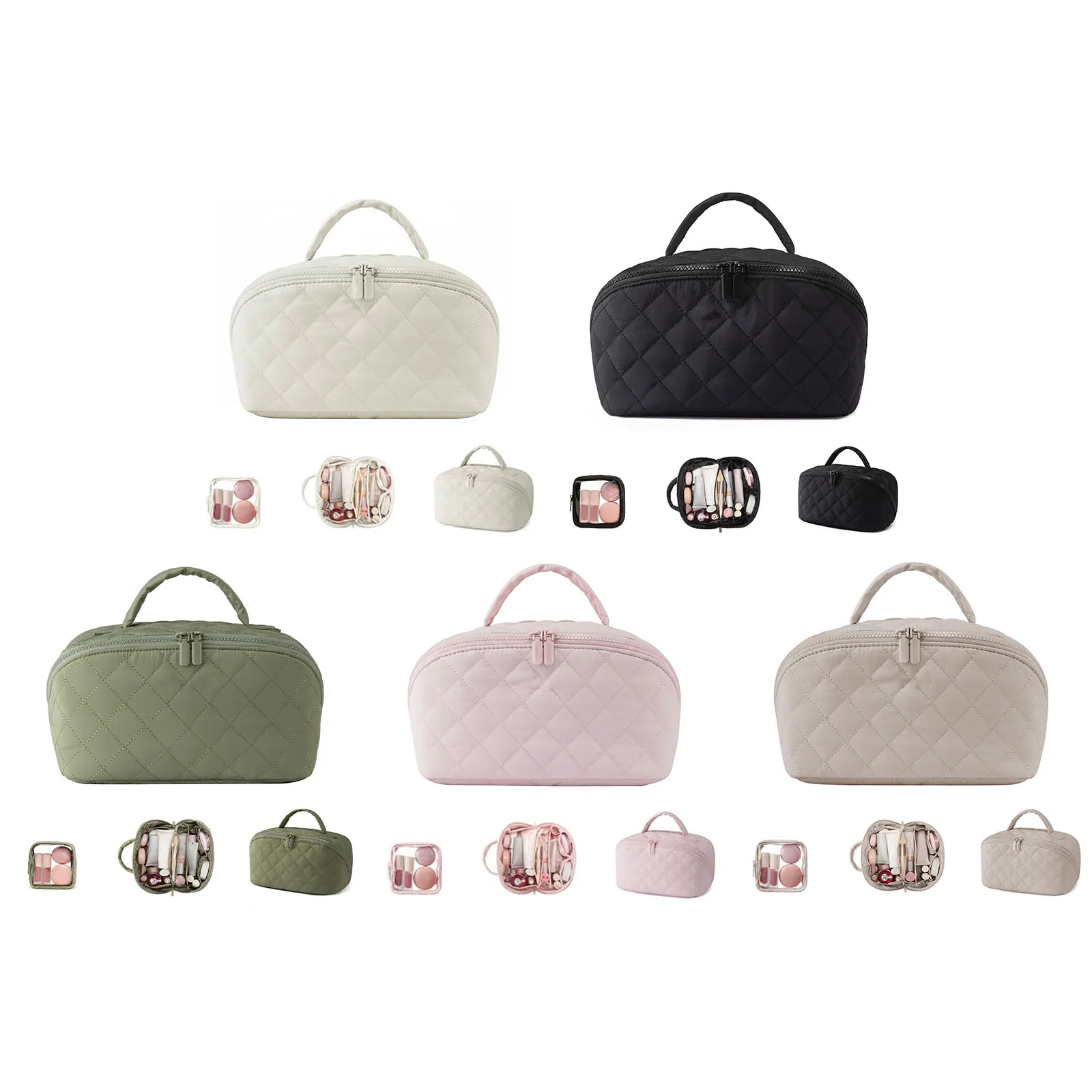 Travel Makeup Bag Puffer Waterproof Puffer Makeup Pouch with Brush Compartment & Handle Portable Pouch Purse for Women and Girls