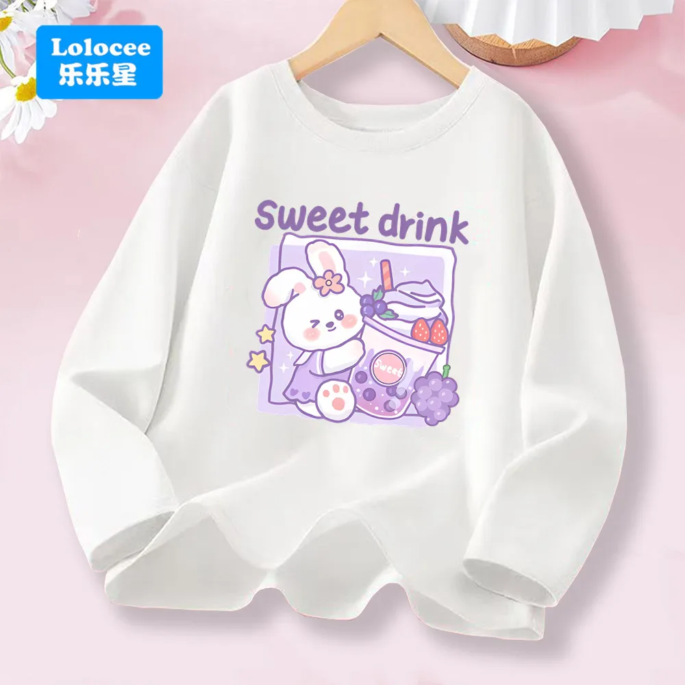Langarm-T-Shirt für Kinder – süßes Kaninchen- und Mädchenoberteil mit „Sweet Drink“-Aufdruck, weiche Baumwolle, Alltagskleidung für Studenten