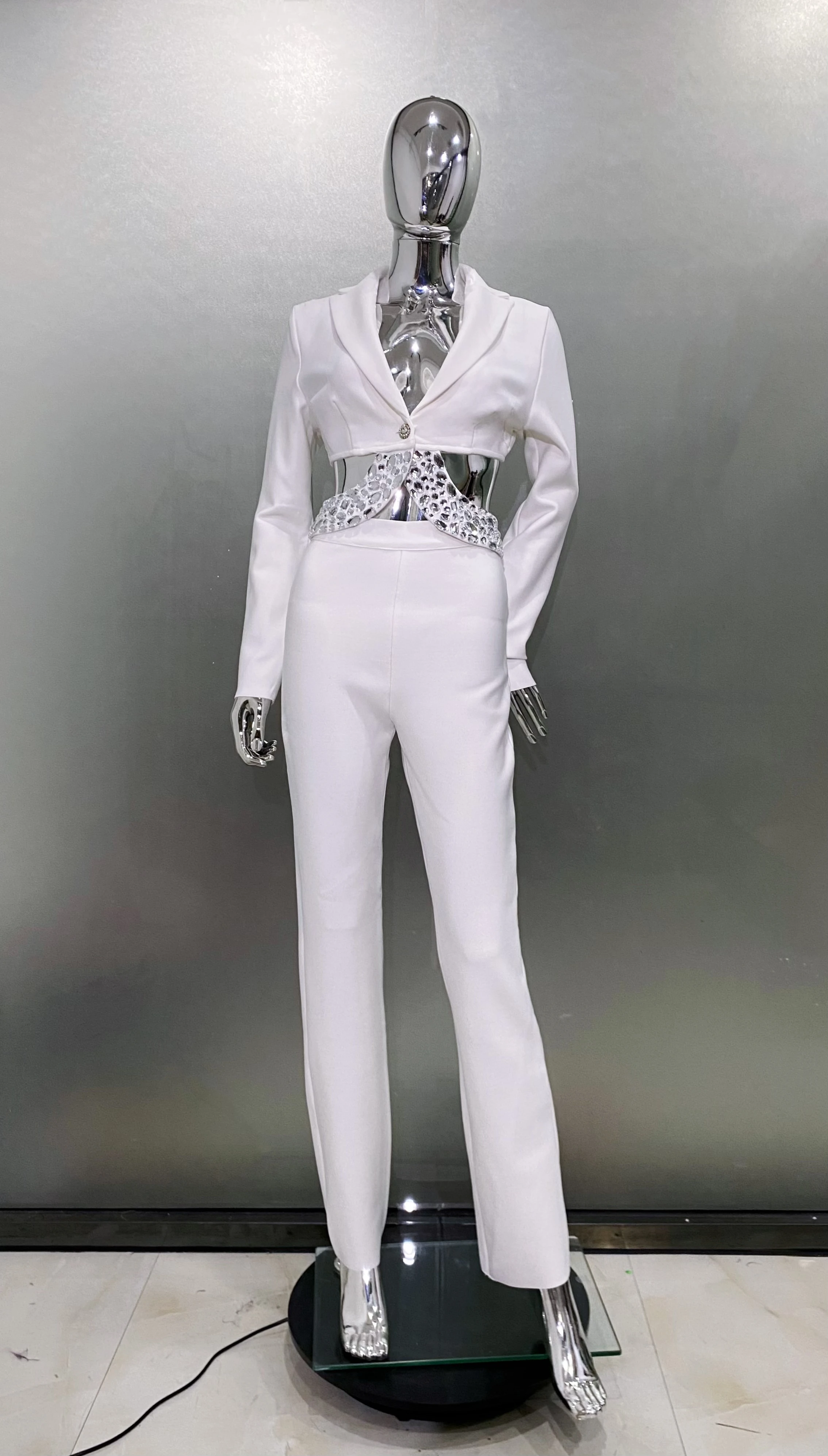 Stylish Luxury Woman Set Dazzling Diamonds Hollow Out Top And Pants 2 Pieces Fashion Woman High Street Wear Vaction Outfit