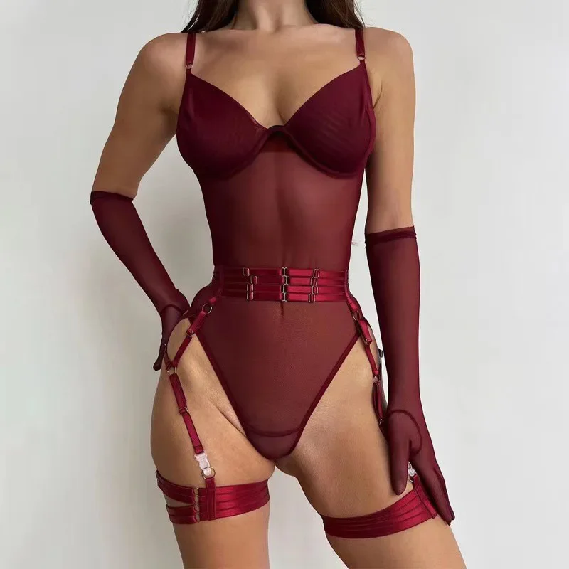 Neues sexy Dessous-Set, Perspektive, Mesh-Shapewear, Einteiler, Strumpfband, dreiteiliges Set, Porno-Kostüm, sexy Frauen, offener Spitzen-Body