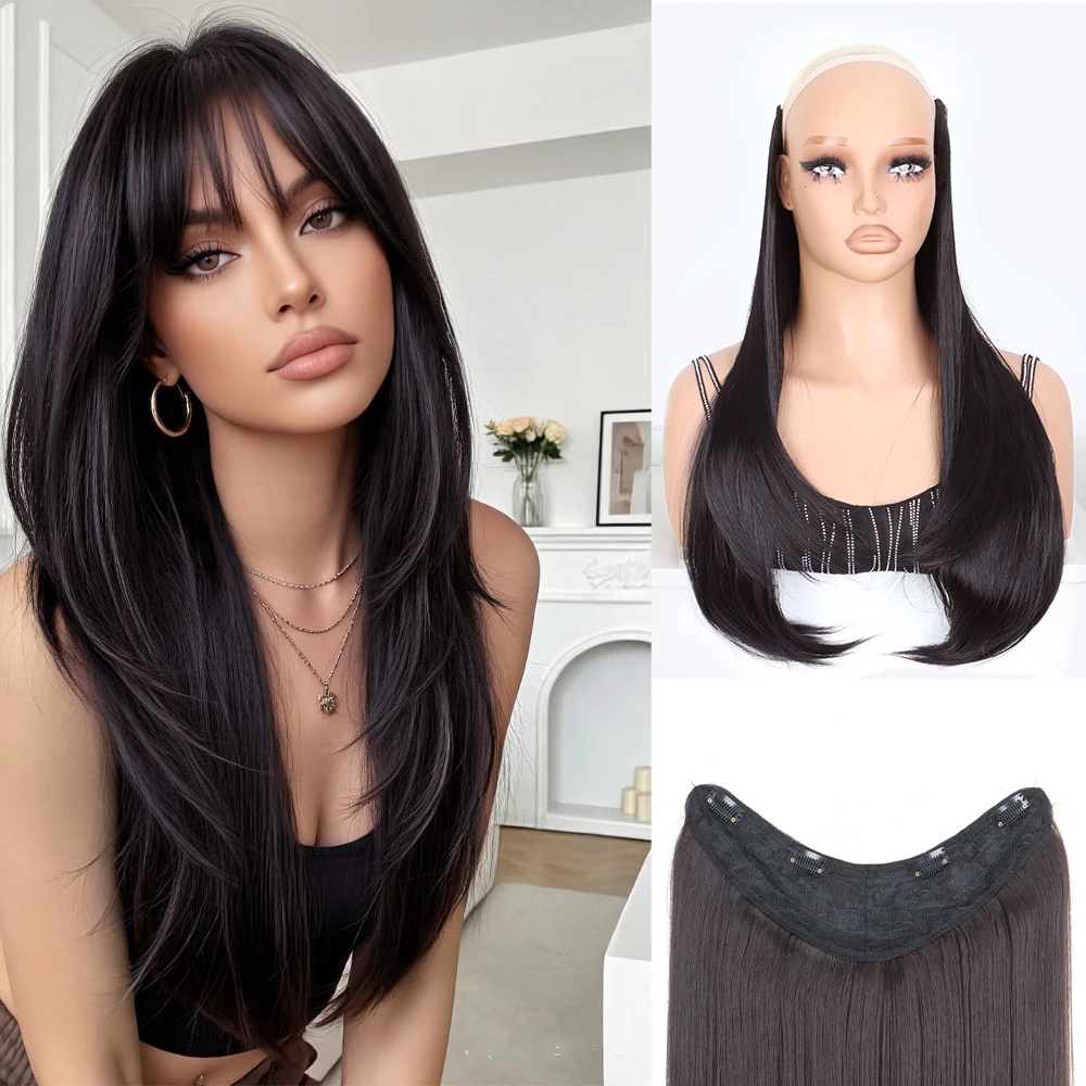 20Inch Synthetic Long Straight Layered Hair Extensions Clip In Hair Extensions High Temperature Fiber Hairpiece for Women Daily