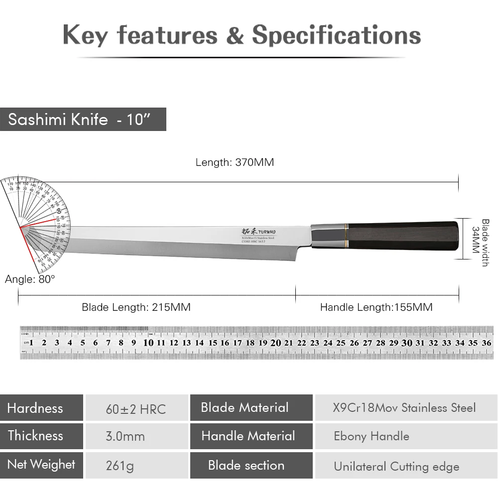 TURWHO 270mm nóż do filetowania X9Cr18MoV noże kuchenne ze stali wysokowęglowej japoński nóż do Sashimi Sushi łosoś z hebanową rączką — zdjęcie 7