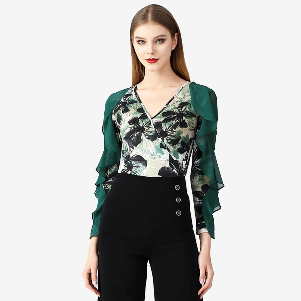 قميص نسائي مثير للرقص اللاتيني بأكمام طويلة قميص مطبوع 2025 أحمر برقبة على شكل حرف v للحفلات الراقصة بذلة خضراء لقاعة الرقص