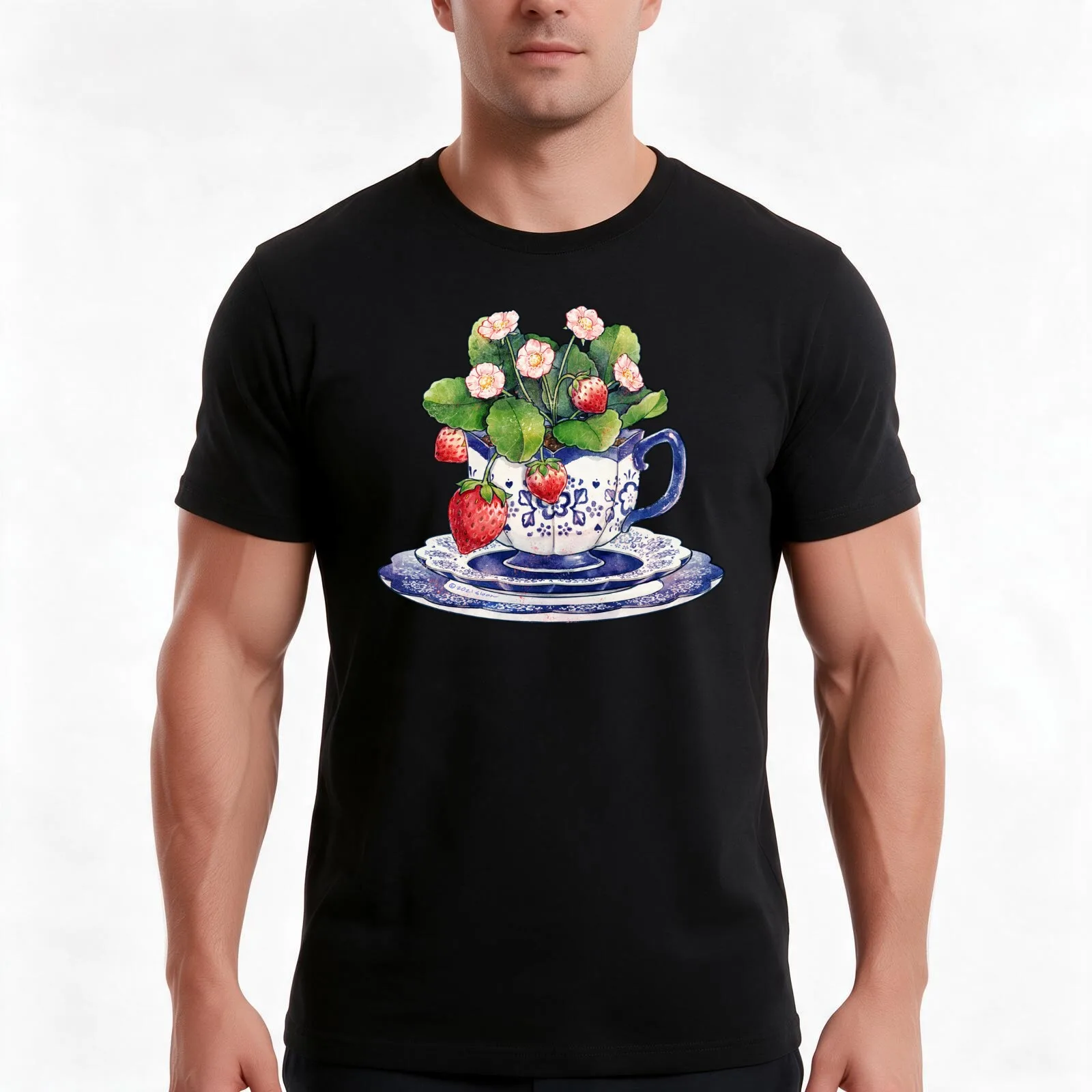Teacup with Strawberry Plant T-Shirt, Summer Casual Cotton Tee, Oversized Streetwear Tops, Vintage Graphic Print, 100% Cotton
