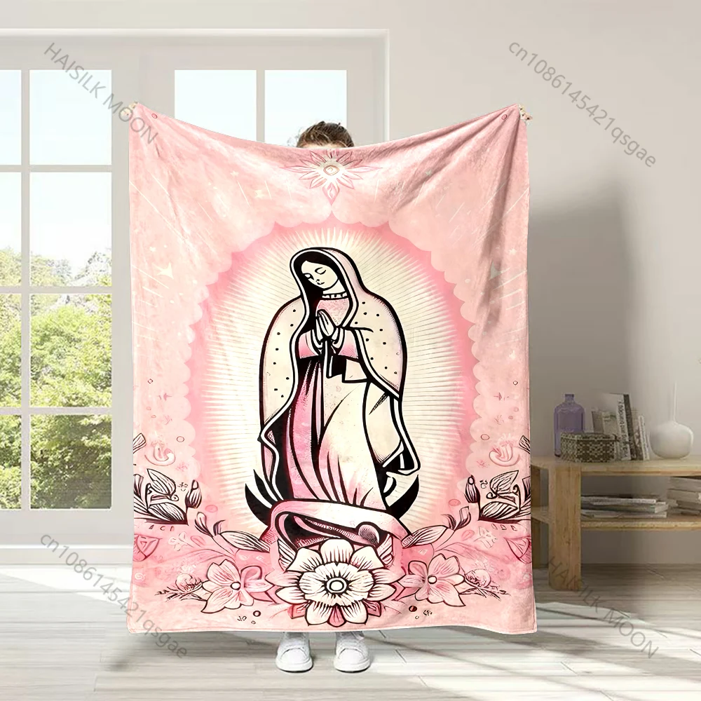 Guadalupe the Virgin Mary Flower Faith-printed Flannel Blanket Soft and Warm Suitable for Home Travel Picnics Camping and RV