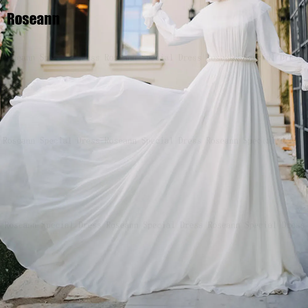 Muçulmano 2025 novo simples a linha vestidos de casamento gola alta cinto tule completo drapeado plissado até o chão vestido de noiva robe de mariée