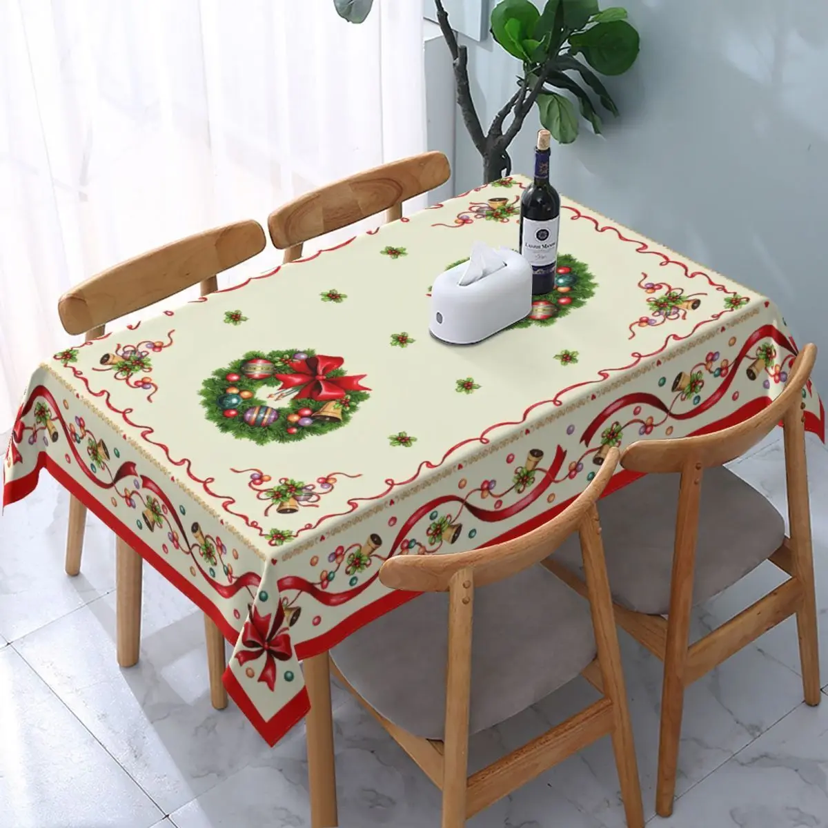 Christmas Bells Red Ribbon Waterproof Tablecloth Holiday Party Decor Winter Xmas Rectangle Table Cloths Navidad Decorations 2025