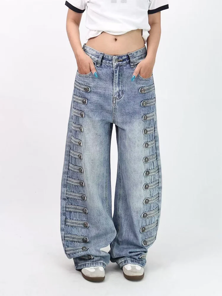 High Waist Wide Leg Jeans Women's Fashionable American Retro Design Sense Knife  Jeans Metal Buckle Slimming Long Pants