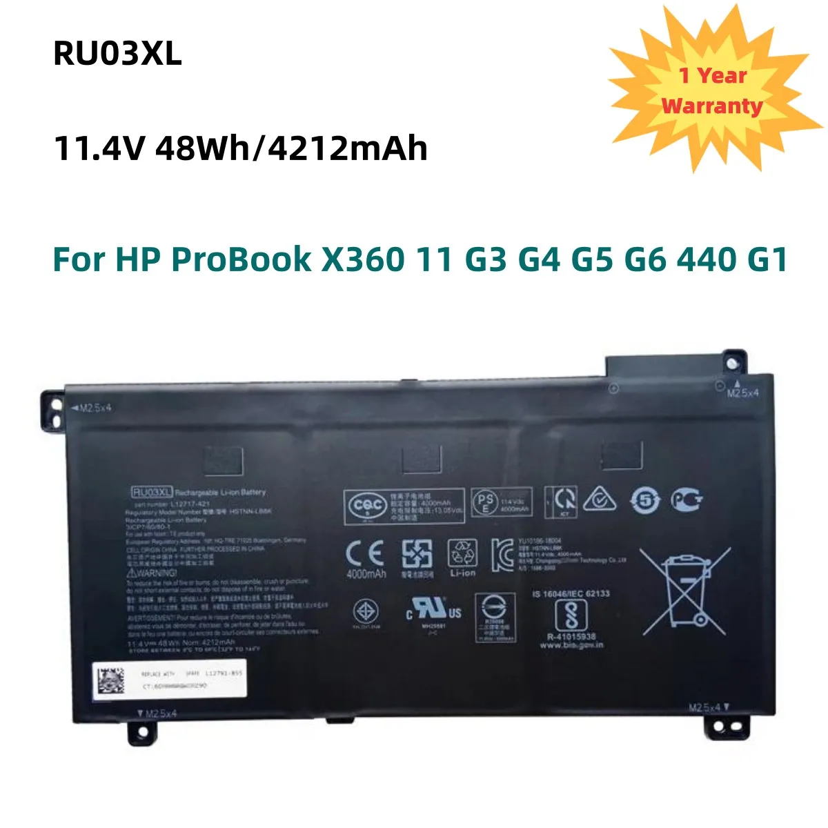 RU03XL Laptop Battery For HP ProBook X360 11 G3 G4 G5 G6 440 G1 Series HSTNN-LB8K HSTNN-UB7P HSTNN-IB8P L12791-855 11.4V 48WH