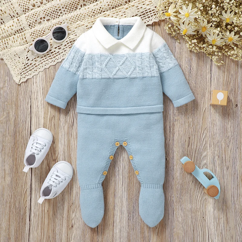 Newborn Baby Rompers Knit Boy Girl Jumpsuit Long Sleeve Autumn Foot Wrap Infant Child Clothes Fashion Striped 0-9M Overalls Warm