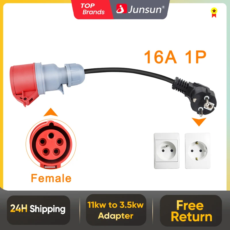 Junsun EV Charger Plug to Red CEE Power Female Plug 5 Pins Type2 Schuko Adapter Connect with 16A 3 Phase 11KW Portable Charger