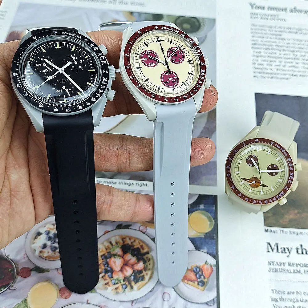 Correa de goma de extremo curvo para reloj Omega Moonswatch, 20mm, correa de reloj deportivo impermeable para relojes de marca