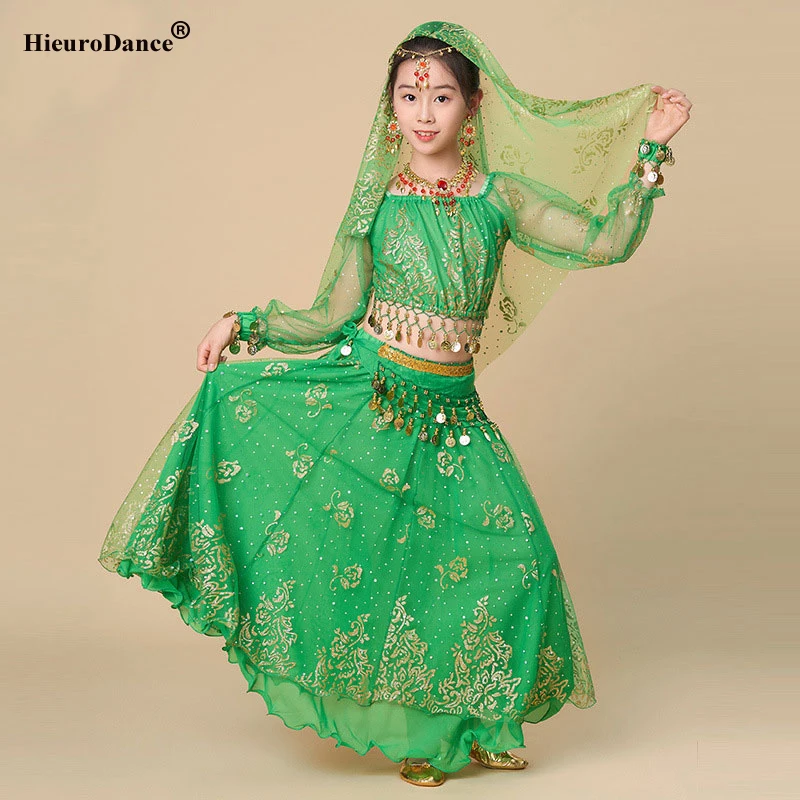 Costume de danse du ventre indien en mousseline de soie pour enfants, ensemble de 4 pièces pour spectacle d'halloween, tenues en tissu de danse pour enfants