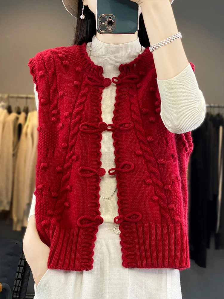 Women's Waistcoat Cardigan Sweater Cashmere Autumn Winter 100% Merino Wool Knitted Chinese Style Buttons Vintage Sleeveless Vest