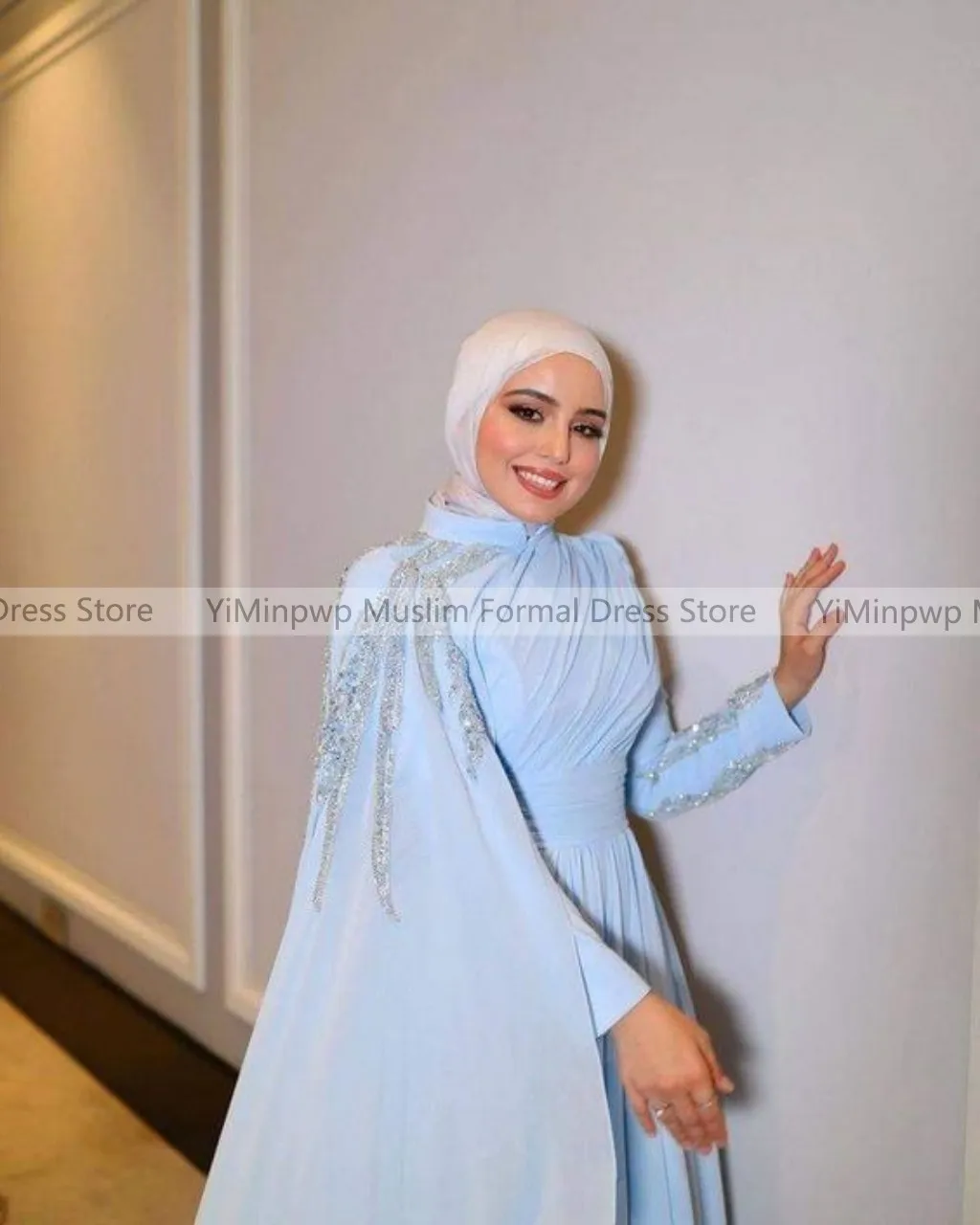 Light Sky Blue Prom Dresses for Hijab Women High Neck Long Sleeve Cape Floor Length Sequined Muslim Formal Gowns Customized