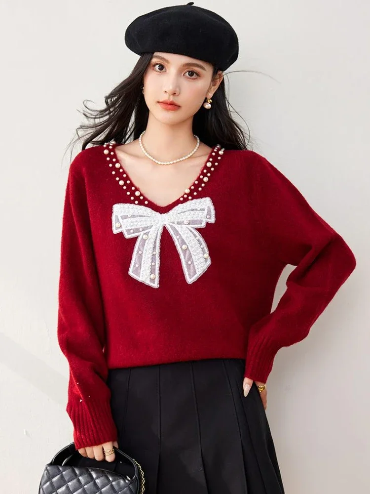 Sweet Peals Beading Bow Sweater Women's Autumn Winter V-neck Long Sleeve Knitted Tops Y2k Loose Pullovers Sweaters Jumpers Mujer