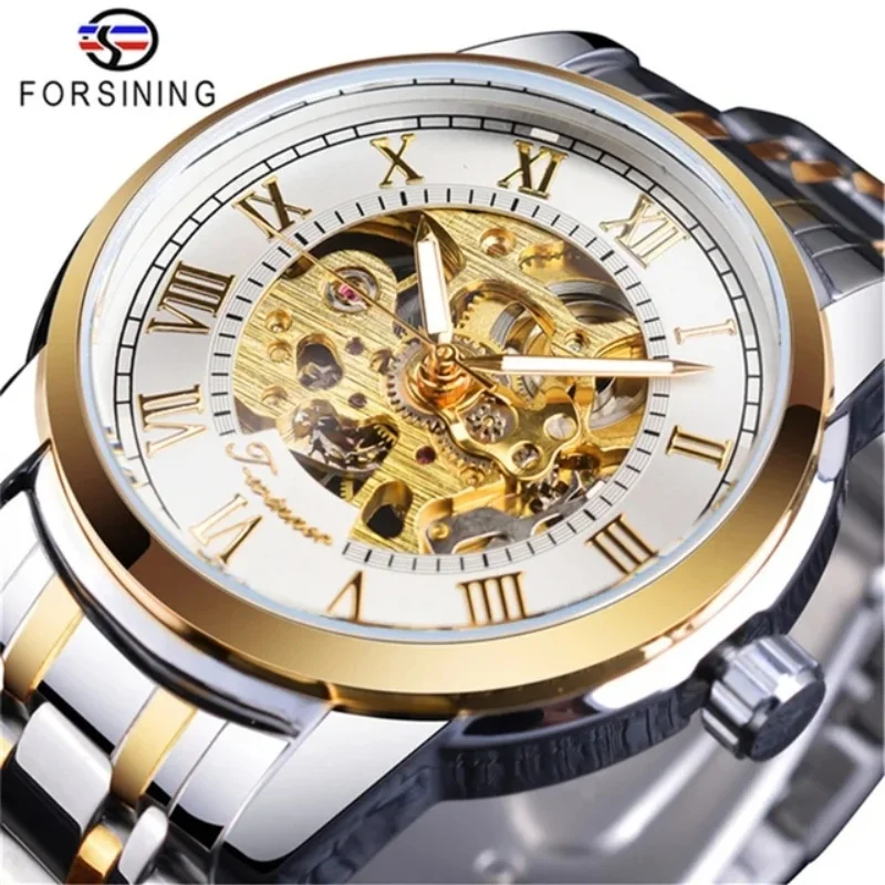 FORSINING 349 Men's Mechanical Watch Business Round Skeleton Silvery Black Stainless Steel Manual Wrist Watches for Male Clock