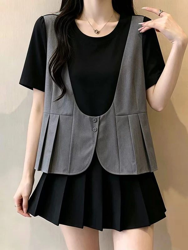 

plus Size Women's Casual Color Block Vest Jacket Summer New Style Layered Wear Versatile Top Trendy Commute Style Short Sleeve