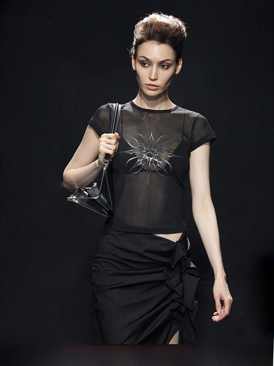 

Женская летняя тонкая футболка с круглым вырезом и принтом, сетчатым узором, коротким рукавом, повседневная модная футболка из нейлона и спандекса